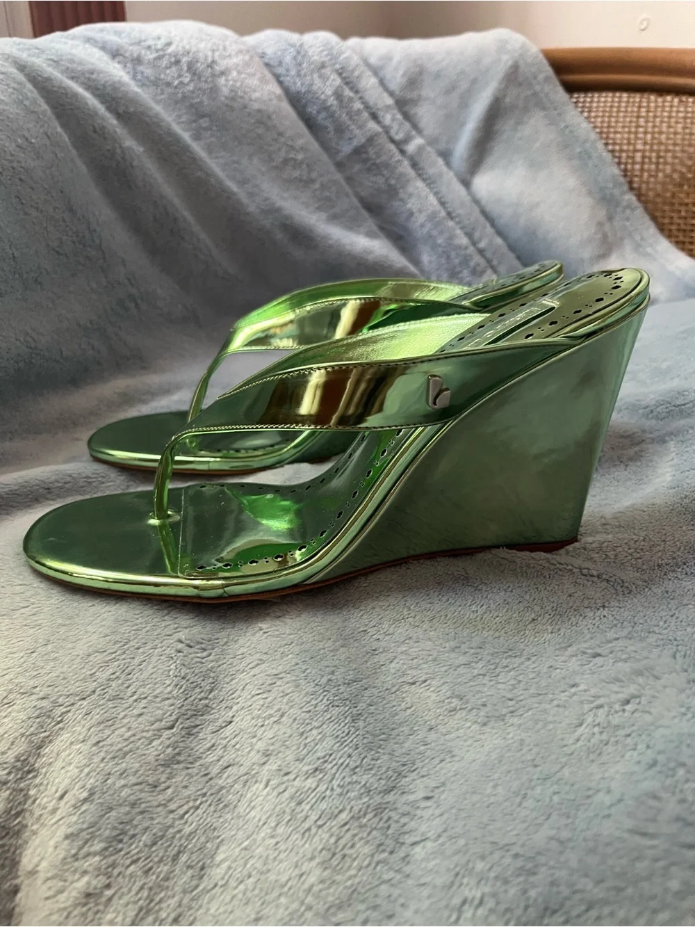 Larroude Gaia Wedge Sandal in Light Pear Specchio - Women's Metallic Green Wedge